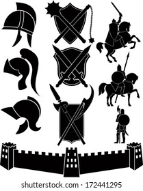 set of vector icons with knights, castle, helmets, shields and swords