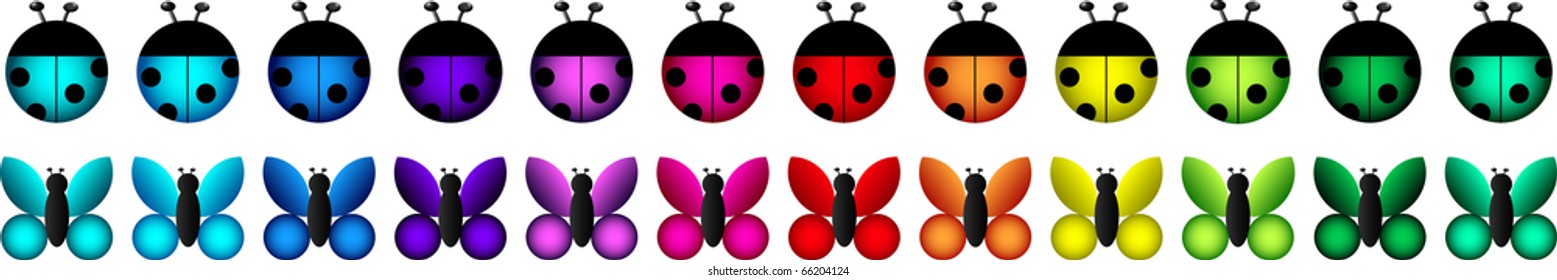 A set of vector icons - ladybugs and butterflies in a variety of colours on a white background.