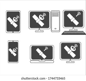 Conjunto de iconos vectoriales portátil, smartphone, teléfono, tableta, monitor, barra de caramelos, servidor, con la imagen de la señal del satélite en las pantallas