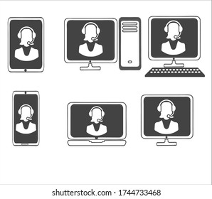 Juego de iconos vectoriales de laptop, smartphone, teléfono, tablet, monitor, todo en uno, servidor, con la imagen de las pantallas del signo de una judicatura femenina con mano libre
