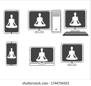Set of vector icons of laptop, smartphone, phone, tablet, monitor, monoblock, server, with the image of yoga on the screens