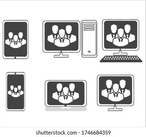 Set of vector icons laptop, smartphone, phone, tablet, monitor, candy bar, server, with the image on the screens of the icons of three men