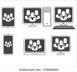 Juego de iconos vectoriales portátil, smartphone, teléfono, tablet, monitor, barra de dulces, servidor, tres iconos femeninos que representan pantallas