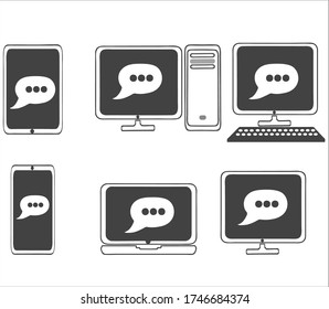 Set of vector icons laptop, smartphone, phone, tablet, monitor, candy bar, server, with the image of the chat sign on the screens