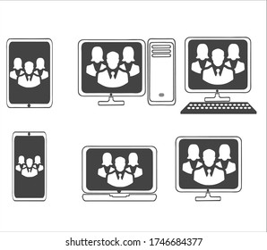 Un conjunto de iconos vectoriales de una laptop, smartphone, teléfono, tablet, monitor, barra de dulces, servidor, con un hombre y dos iconos femeninos en las pantallas