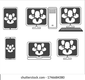 Set of vector icons laptop, smartphone, phone, tablet, monitor, candy bar, server, with the image on the screens of the icons of two man and woman