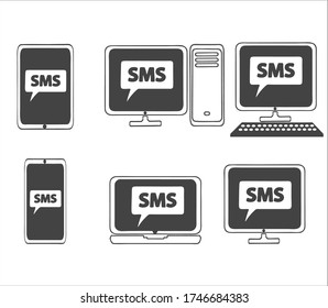 Set of vector icons of laptop, smartphone, phone, tablet, monitor, candy bar, server, with the image of SMS sign on screens