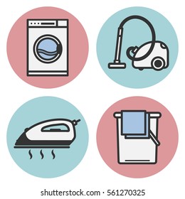 Set of vector icons of laundry in a flat style. Icon iron, washing machine, vacuum cleaner, a bucket. Dry cleaning icon.