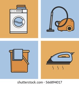 Set of vector icons of laundry in a flat style. Icon iron, washing machine, vacuum cleaner, a bucket. Dry cleaning.