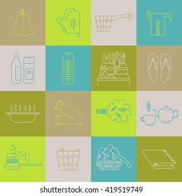 Set of vector icons line. Accessories for sauna.
