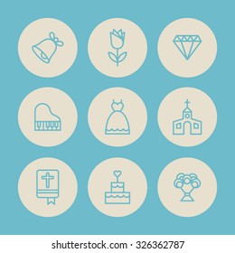 A set of vector icons, line graphics for wedding, love, piano, wedding dress, church, holy bible, cake, bouquet, bell, flower, diamond.