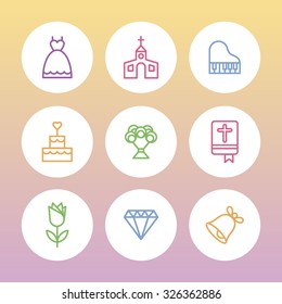 A set of vector icons, line graphics for wedding, love, piano, wedding dress, church, holy bible, cake, bouquet, bell, flower, diamond.
