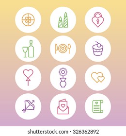 A set of vector icons, line graphics for wedding, key, lock, gift, box, candle, cake, wine, food, cook, heart, balloon, flower, letter, bow, envelope.