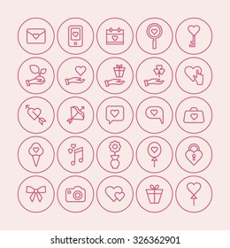 A set of vector icons, line graphics for wedding, ice cream, music, note, flower, pot, balloon, lock, ribbon, camera, heart, gift, heart, bow, speech bubble, calendar, magnifier, key, hand, clover.