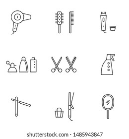 Set of vector icons in line style. Different tools for styling and haircut. Hair dryer, hairbrush, clipper, scissors, sprayer, razor, hair curler, mirror and shampoo.