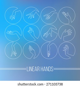 Set of vector icons of linear mapping graceful female hands in different gestures