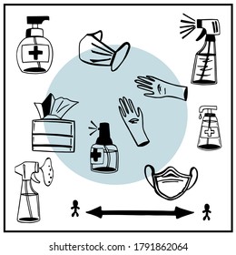 Set of vector icons in linear technique. Protective measures, coronavirus prevention, hygienic health care, awareness Social distancing concept. Isolated images.