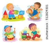 Set of vector icons little boy playing with toys