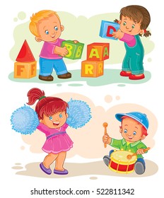 Set of vector icons little children playing with toys