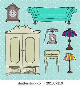 Set of vector icons for living room.