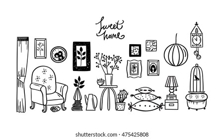 Set of vector icons for living room. Vector set of vintage interior design elements, hand drawn doodle style.