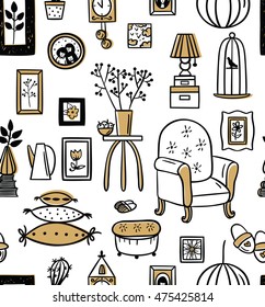 Set of vector icons for living room. Vector set of vintage interior design elements, hand drawn doodle style.
