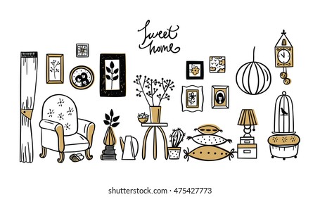 Set of vector icons for living room. Vector set of vintage interior design elements, hand drawn doodle style.