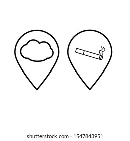 Set of vector icons with location sign with cloud and cigarette.