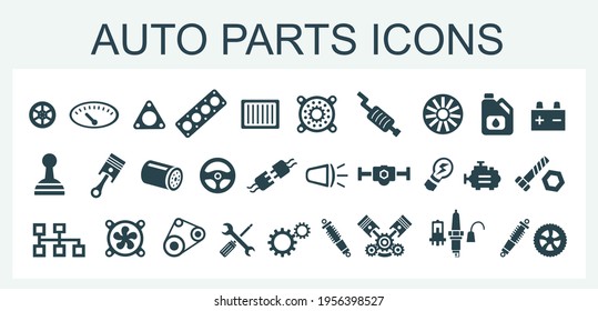 Un conjunto de iconos vectores y logotipos con piezas de automóviles, baterías, transmisiones, equipo eléctrico, motores y otros equipos especiales. Servicio de coches. Almacén de piezas automáticas.