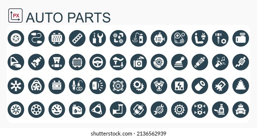 Un conjunto de iconos vectores y logotipos con piezas de automóviles, baterías, transmisiones, equipo eléctrico, motores y otros equipos especiales. Servicio de coches. Almacén de piezas automáticas. Diseño plano. Aislado, editable. 