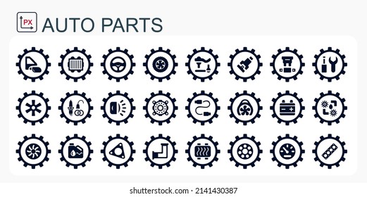 A set of vector icons and logos with car parts, batteries, transmissions, electrical equipment, engines and other special equipment. Car service. Auto parts store. Flat design. Isolated, editable.