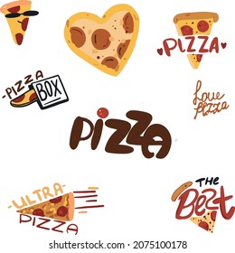 Set of vector icons logos hot pizza pizzeria home takeaway holiday italian italy pepperoni dough salami
