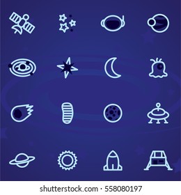 Set of vector icons and logos space, stars, planets, universe, rocket, moon on a dark background