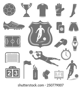 Set of vector icons, logos and symbols of football. Silhouettes of soccer equipment and uniforms of players on a white isolated background - stock vector.