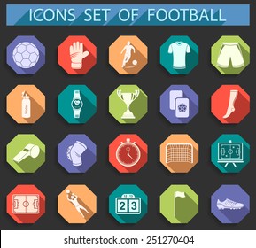 Set of vector icons, logos and symbols of football. Silhouettes of soccer equipment and uniforms of players in flat style - stock vector.