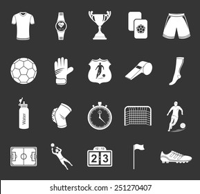 Set of vector icons, logos and symbols of football. Silhouettes of soccer equipment and uniforms of players on a gray isolated background - stock vector.