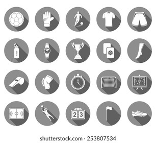 Set of vector icons, logos and symbols of football. Flat icons of soccer equipment and uniforms of players on a white isolated background - stock vector.