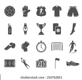 Set of vector icons, logos and symbols of football. Silhouettes of soccer equipment and uniforms of players on a white isolated background - stock vector.