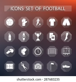 Set of vector icons, logos and symbols of football. Sign of soccer equipment and uniforms of players in flat style - stock vector.