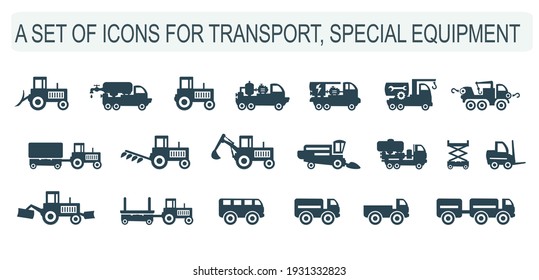 A set of vector icons, logos of trains, vehicles and special equipment. 