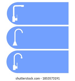 Set of vector icons, logos of water faucets for the kitchen and bathroom. Design element for signboard, nameplate and other use with space for text or inscription. White silhouettes, blue background.