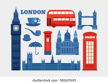 Set of vector icons London. Sights of Britain. Collection of elements United Kingdom. Illustration of England in flat style with telephone booth, mail box, cup of tea, bus, umbrella, pipe and others.