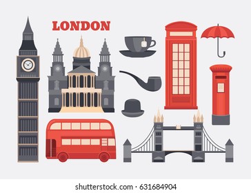 Set of vector icons London. Sights of Britain. Collection of elements United Kingdom. Illustration of England in flat style with telephone booth, mail box, Ñ�up of tea, bus, umbrella, pipe and others.