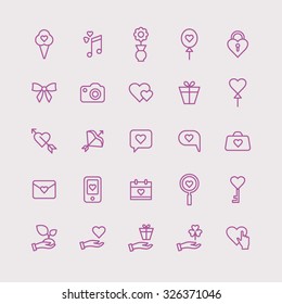 A set of vector icons for love, wedding. ice cream, note, flower, pot, balloon, lock, ribbon, camera, love, heart, gift, box, bow, bag, envelope, calendar, magnifier, hand, clover.