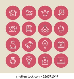 A set of vector icons for love, wedding. house, flag, crown, bow, ticket, letter, toy, cake, dress, bell, ice cream, calendar, ring, diamond, balloon, envelope, notebook.