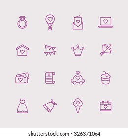 A set of vector icons for love, wedding. ring, balloon, envelope, notebook, house, flag, crown, bow, ticket, letter, car, toy, cake, dress, bell, ice cream, calendar.