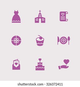 A set of vector icons for love, wedding. dress, church, letter, gift, box, cake, cook, envelope, cake, hand, heart.