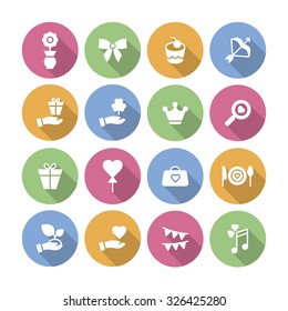 A set of vector icons for love, wedding, party. bag, cook, gift, balloon, flag, note, hand, cake, bow, flower, ribbon, crown, magnifier.