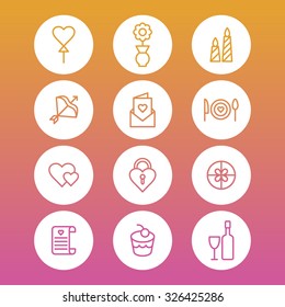 A set of vector icons for love, wedding, party. balloon, flower, pot, candle, bow, envelope, cook, heart, lock, box, letter, cake, wine.