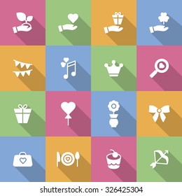 A set of vector icons for love, wedding, party. bag, cook, gift, balloon, flag, note, hand, cake, bow, flower, ribbon, crown, magnifier.